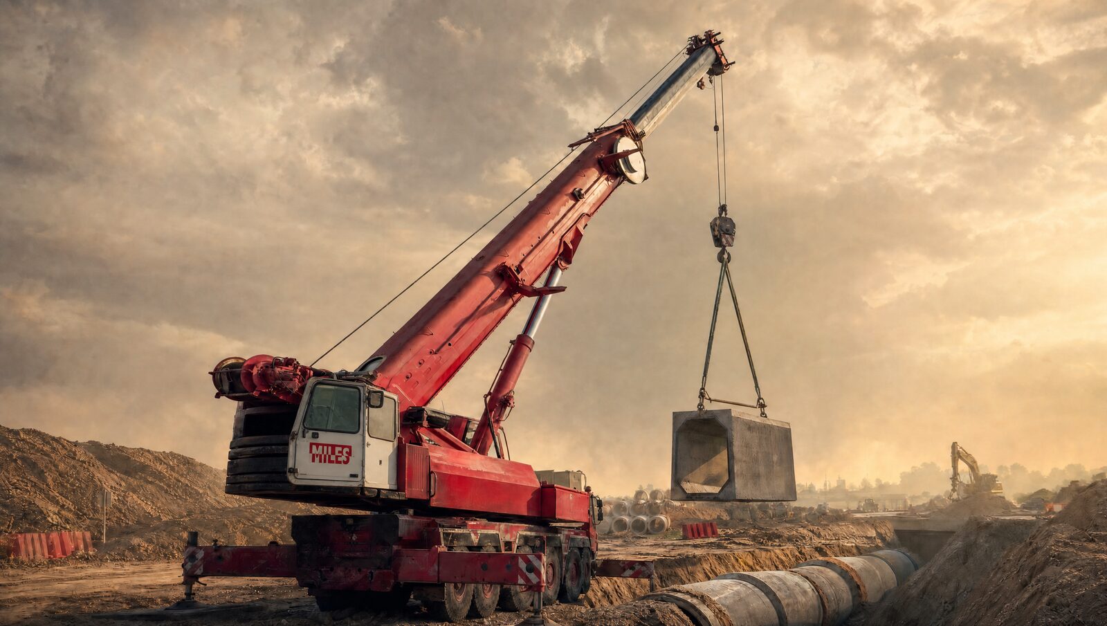 Red crawler crane lowering a concrete section next to a pipeline