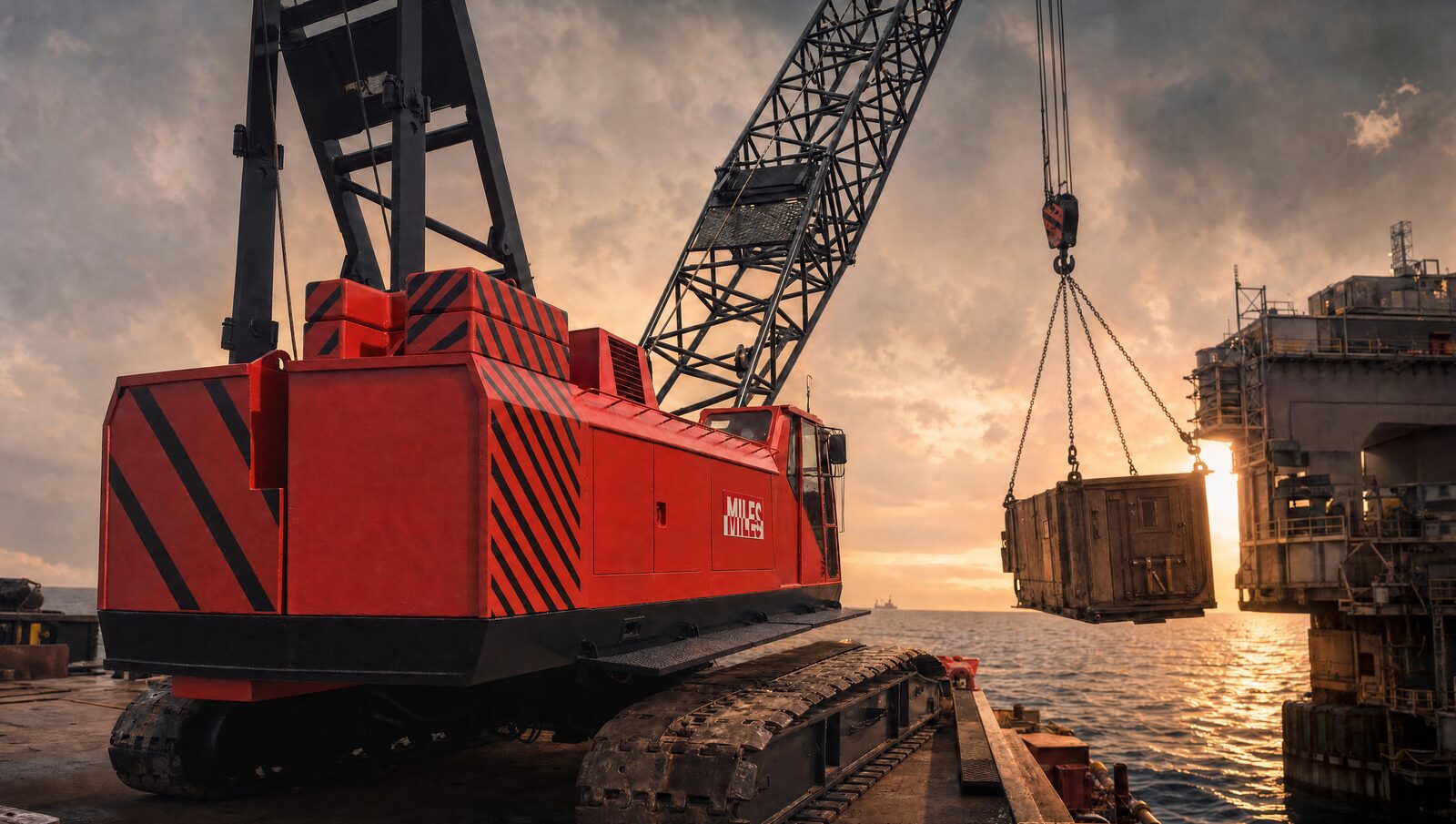Crawler crane lifting a load onto an offshore platform at sunset