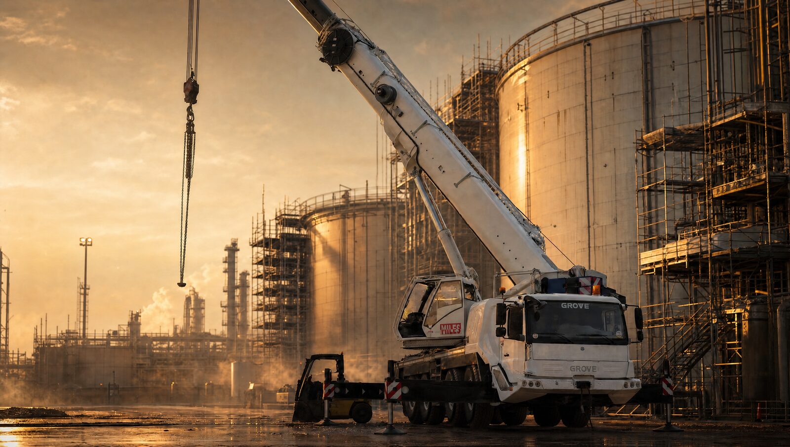 Mobile crane working among storage tanks at a refinery