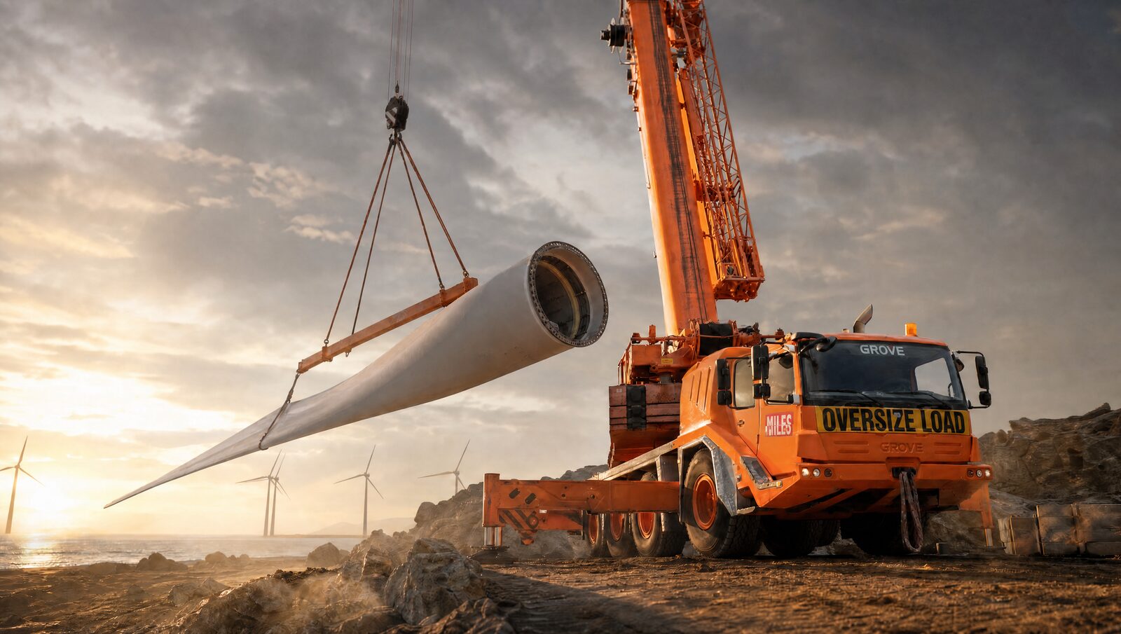 Heavy-haul truck and crane lifting a wind turbine blade